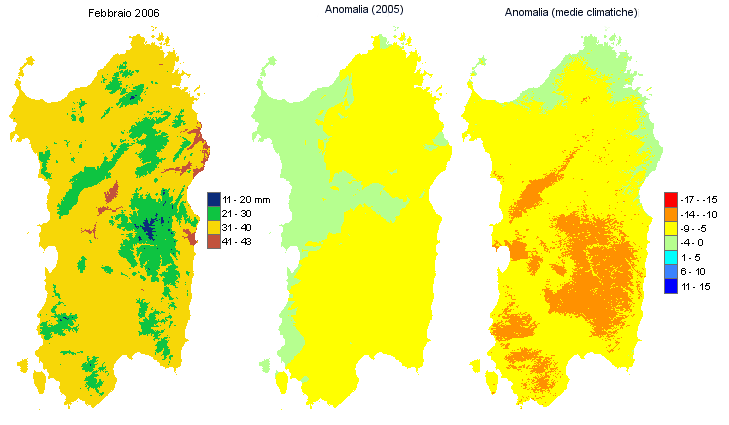 Figura 1 - Mappe di evapotraspirazione potenziale (o di riferimento) di febbraio 2006 e di anomalia rispetto all'anno precedente e ai valori medi trentennali. Figura 1 - Mappe di evapotraspirazione potenziale (o di riferimento) di febbraio 2006 e di anomalia rispetto all'anno precedente e ai valori medi trentennali.