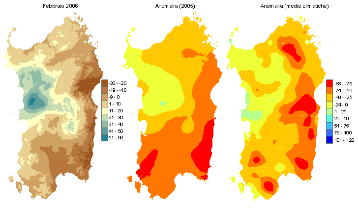 Figura 2 - Mappe di bilancio idro-meteorologico di febbraio 2006 e di anomalia rispetto all'anno precedente e ai valori medi trentennali. Figura 2 - Mappe di bilancio idro-meteorologico di febbraio 2006 e di anomalia rispetto all'anno precedente e ai valori medi trentennali.