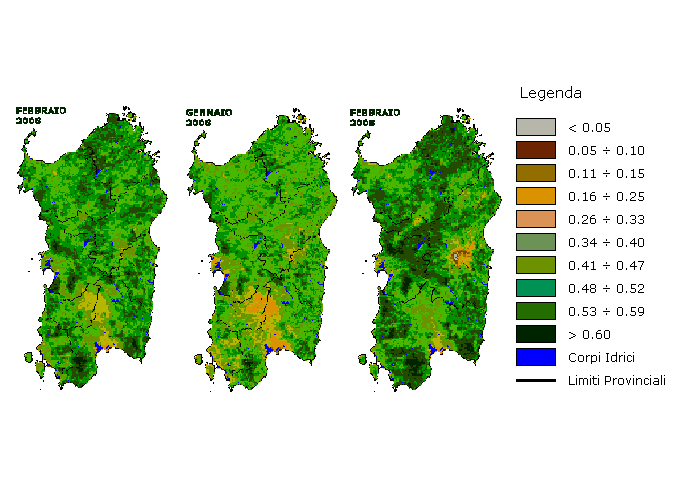 Figura 3 - Mappe di NDVI elaborate per il mese di febbraio 2006 e raffronto rispetto ai valori del mese precedente e del mese di febbraio 2005. Figura 3 - Mappe di NDVI elaborate per il mese di febbraio 2006 e raffronto rispetto ai valori del mese precedente e del mese di febbraio 2005.