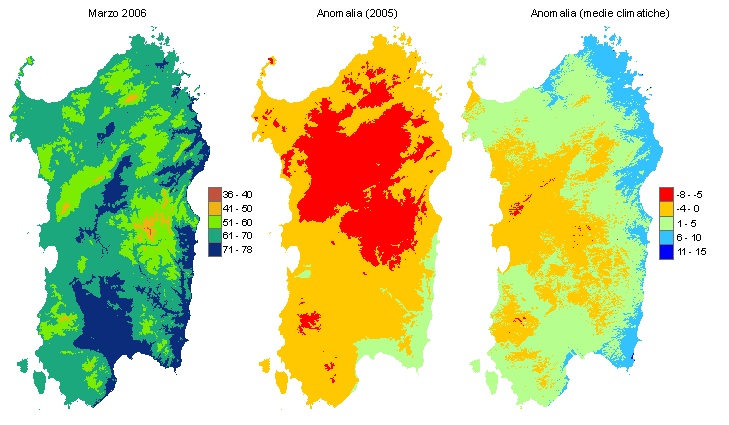 Figura 1 - Mappe di evapotraspirazione potenziale (o di riferimento) di marzo 2006 e di anomalia rispetto all'anno precedente e ai valori medi trentennali. Figura 1 - Mappe di evapotraspirazione potenziale (o di riferimento) di marzo 2006 e di anomalia rispetto all'anno precedente e ai valori medi trentennali.