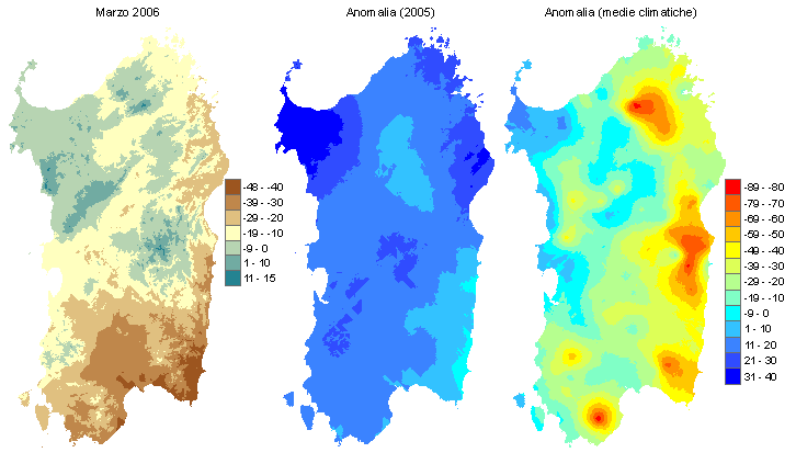 Figura 2 - Mappe di bilancio idro-meteorologico di marzo 2006 e di anomalia rispetto all'anno precedente e ai valori medi trentennali. Figura 2 - Mappe di bilancio idro-meteorologico di marzo 2006 e di anomalia rispetto all'anno precedente e ai valori medi trentennali.