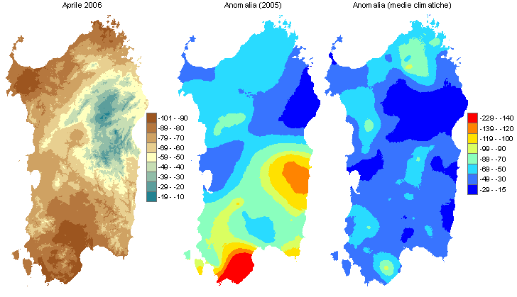 Figura 2 - Mappe di bilancio idro-meteorologico di aprile 2006 e di anomalia rispetto all'anno precedente e ai valori medi trentennali. Figura 2 - Mappe di bilancio idro-meteorologico di aprile 2006 e di anomalia rispetto all'anno precedente e ai valori medi trentennali.