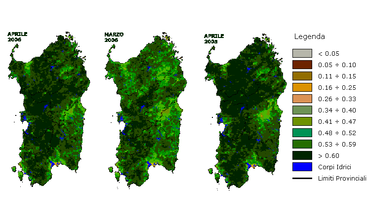 Figura 3 - Mappe di NDVI elaborate per il mese di aprile 2006 e raffronto rispetto ai valori del mese precedente e del mese di aprile 2006. Figura 3 - Mappe di NDVI elaborate per il mese di aprile 2006 e raffronto rispetto ai valori del mese precedente e del mese di aprile 2006.