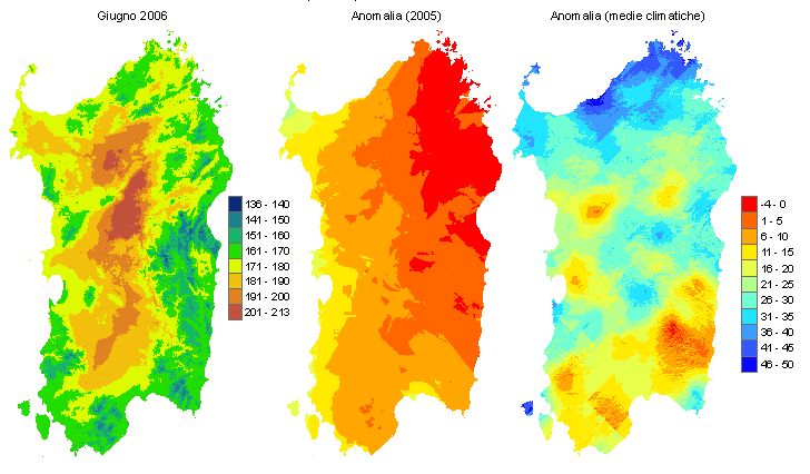 Figura 1 - Mappe di evapotraspirazione potenziale (o di riferimento) di giugno 2006 e di anomalia rispetto all'anno precedente e ai valori medi trentennali. Figura 1 - Mappe di evapotraspirazione potenziale (o di riferimento) di giugno 2006 e di anomalia rispetto all'anno precedente e ai valori medi trentennali.