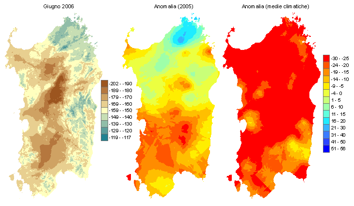 Figura 2 - Mappe di bilancio idro-meteorologico di giugno 2006 e di anomalia rispetto all'anno precedente e ai valori medi trentennali. Figura 2 - Mappe di bilancio idro-meteorologico di giugno 2006 e di anomalia rispetto all'anno precedente e ai valori medi trentennali.