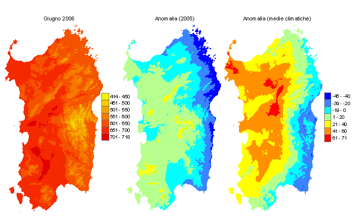Figura 3 - Mappe di sommatorie termiche in base 0 °C calcolate per il mese di giugno 2006 e raffronto con l'anno precedente e con i valori medi trentennali. Figura 3 - Mappe di sommatorie termiche in base 0 °C calcolate per il mese di giugno 2006 e raffronto con l'anno precedente e con i valori medi trentennali.