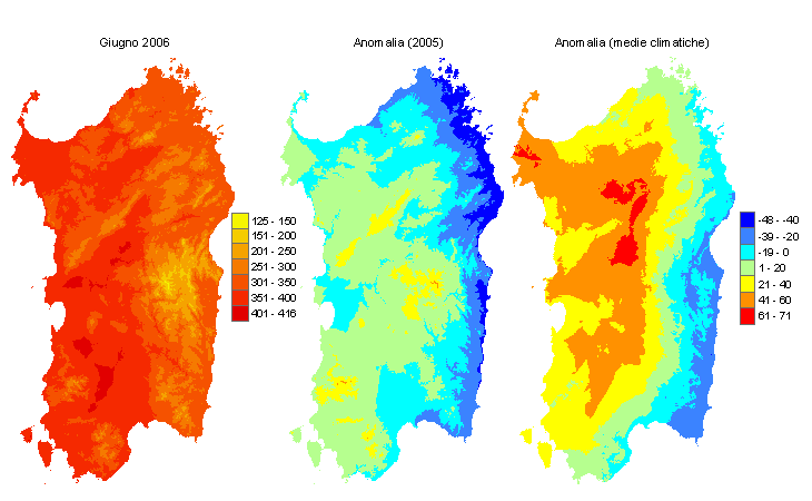 Figura 4 - Mappe di sommatorie termiche in base 10 °C calcolate per il mese di giugno 2006 e raffronto con l'anno precedente e con i valori medi trentennali. Figura 4 - Mappe di sommatorie termiche in base 10 °C calcolate per il mese di giugno 2006 e raffronto con l'anno precedente e con i valori medi trentennali.