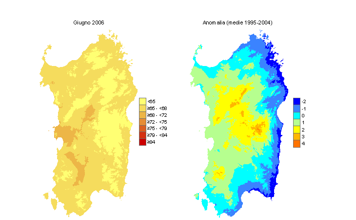 Figura 5 - Mappe di Temperature Humidity Index per il mese di giugno 2006 e raffronto con i valori medi del decennio 1995-2004. Figura 5 - Mappe di Temperature Humidity Index per il mese di giugno 2006 e raffronto con i valori medi del decennio 1995-2004.