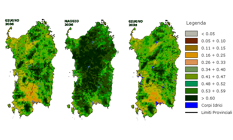 Figura 6 - Mappe di NDVI elaborate per il mese di giugno 2006 e raffronto rispetto ai valori del mese precedente e del mese di giugno 2005. Figura 6 - Mappe di NDVI elaborate per il mese di giugno 2006 e raffronto rispetto ai valori del mese precedente e del mese di giugno 2005.