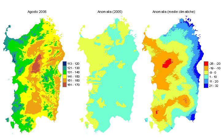 Figura 1 - Mappe di evapotraspirazione potenziale (o di riferimento) di agosto 2006 e di anomalia rispetto all'anno precedente e ai valori medi trentennali. Figura 1 - Mappe di evapotraspirazione potenziale (o di riferimento) di agosto 2006 e di anomalia rispetto all'anno precedente e ai valori medi trentennali.