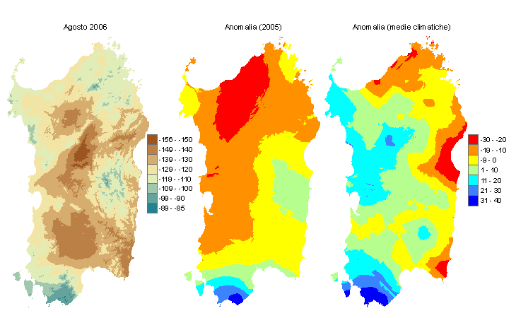 Figura 2 - Mappe di bilancio idro-meteorologico di agosto 2006 e di anomalia rispetto all'anno precedente e ai valori medi trentennali. Figura 2 - Mappe di bilancio idro-meteorologico di agosto 2006 e di anomalia rispetto all'anno precedente e ai valori medi trentennali.