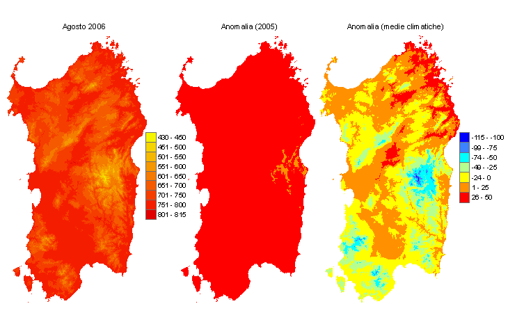 Figura 3 - Mappe di sommatorie termiche in base 0 °C calcolate per il mese di agosto 2006 e raffronto con l'anno precedente e con i valori medi trentennali. Figura 3 - Mappe di sommatorie termiche in base 0 °C calcolate per il mese di agosto 2006 e raffronto con l'anno precedente e con i valori medi trentennali.