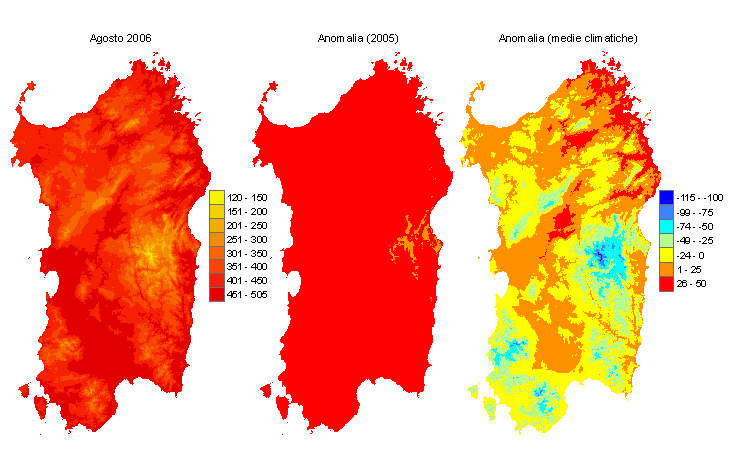 Figura 4 - Mappe di sommatorie termiche in base 10 °C calcolate per il mese di agosto 2006 e raffronto con l'anno precedente e con i valori medi trentennali. Figura 4 - Mappe di sommatorie termiche in base 10 °C calcolate per il mese di agosto 2006 e raffronto con l'anno precedente e con i valori medi trentennali.