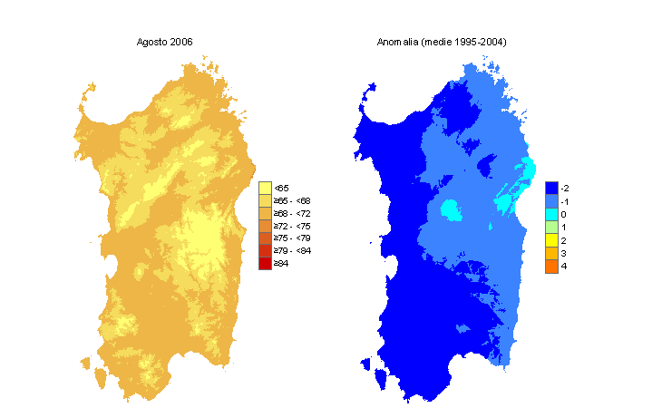 Figura 5 - Mappe di Temperature Humidity Index per il mese di agosto 2006 e raffronto con i valori medi del decennio 1995-2004. Figura 5 - Mappe di Temperature Humidity Index per il mese di agosto 2006 e raffronto con i valori medi del decennio 1995-2004.
