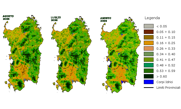 Figura 7 - Mappe di NDVI elaborate per il mese di agosto 2006 e raffronto rispetto ai valori del mese precedente e del mese di agosto 2005. Figura 7 - Mappe di NDVI elaborate per il mese di agosto 2006 e raffronto rispetto ai valori del mese precedente e del mese di agosto 2005.