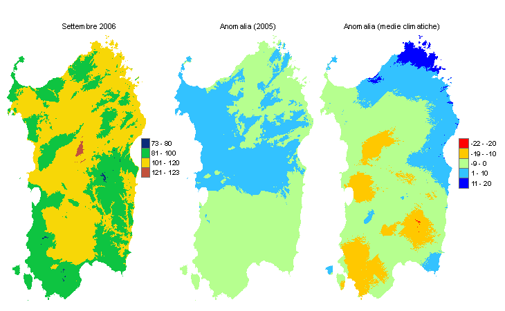 Figura 1 - Mappe di evapotraspirazione potenziale (o di riferimento) di settembre 2006 e di anomalia rispetto all'anno precedente e ai valori medi trentennali. Figura 1 - Mappe di evapotraspirazione potenziale (o di riferimento) di settembre 2006 e di anomalia rispetto all'anno precedente e ai valori medi trentennali.