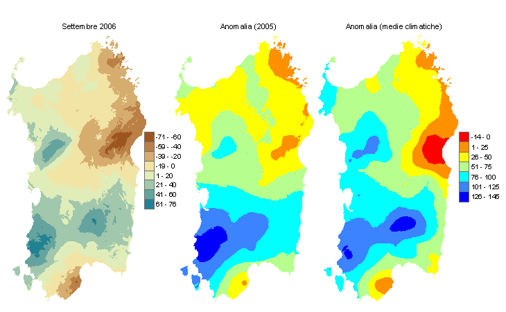 Figura 2 - Mappe di bilancio idro-meteorologico di settembre 2006 e di anomalia rispetto all'anno precedente e ai valori medi trentennali. Figura 2 - Mappe di bilancio idro-meteorologico di settembre 2006 e di anomalia rispetto all'anno precedente e ai valori medi trentennali.