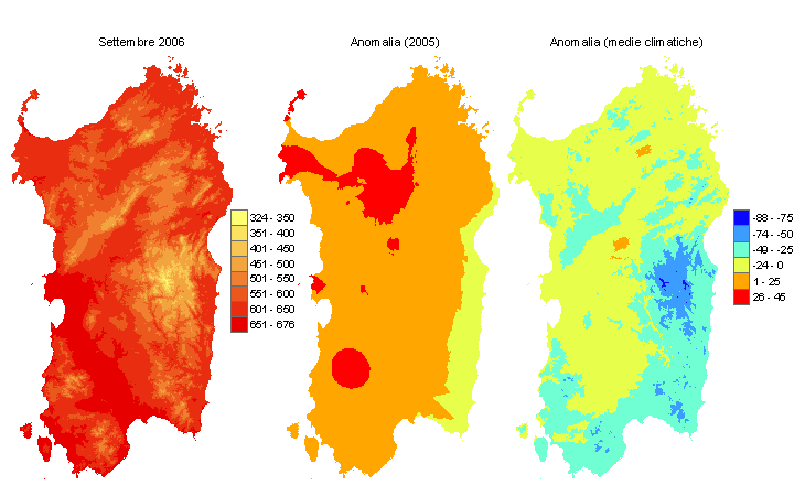 Figura 3 - Mappe di sommatorie termiche in base 0 °C calcolate per il mese di settembre 2006 e raffronto con l'anno precedente e con i valori medi trentennali. Figura 3 - Mappe di sommatorie termiche in base 0 °C calcolate per il mese di settembre 2006 e raffronto con l'anno precedente e con i valori medi trentennali.