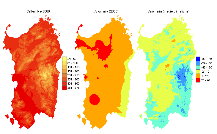 Figura 4 - Mappe di sommatorie termiche in base 10 °C calcolate per il mese di settembre 2006 e raffronto con l'anno precedente e con i valori medi trentennali Figura 4 - Mappe di sommatorie termiche in base 10 °C calcolate per il mese di settembre 2006 e raffronto con l'anno precedente e con i valori medi trentennali