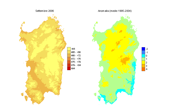Figura 5 - Mappe di Temperature Humidity Index per il mese di settembre 2006 e raffronto con i valori medi del decennio 1995-2004. Figura 5 - Mappe di Temperature Humidity Index per il mese di settembre 2006 e raffronto con i valori medi del decennio 1995-2004.