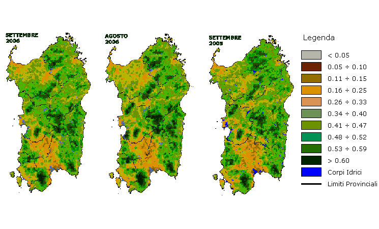 Figura 6 - Mappe di NDVI elaborate per il mese di settembre 2006 e raffronto rispetto ai valori del mese precedente e del mese di settembre 2005. Figura 6 - Mappe di NDVI elaborate per il mese di settembre 2006 e raffronto rispetto ai valori del mese precedente e del mese di settembre 2005.