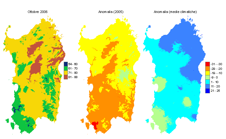 Figura 1 - Mappe di evapotraspirazione potenziale (o di riferimento) di ottobre 2006 e di anomalia rispetto all'anno precedente e ai valori medi trentennali. Figura 1 - Mappe di evapotraspirazione potenziale (o di riferimento) di ottobre 2006 e di anomalia rispetto all'anno precedente e ai valori medi trentennali.