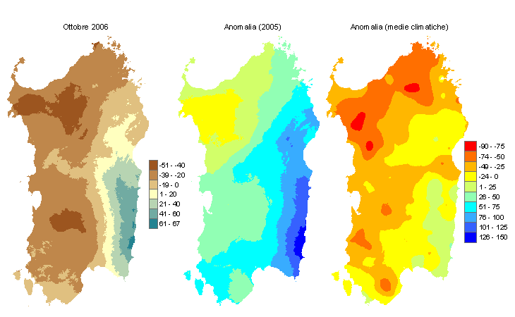 Figura 2 - Mappe di bilancio idro-meteorologico di ottobre 2006 e di anomalia rispetto all'anno precedente e ai valori medi trentennali. Figura 2 - Mappe di bilancio idro-meteorologico di ottobre 2006 e di anomalia rispetto all'anno precedente e ai valori medi trentennali.