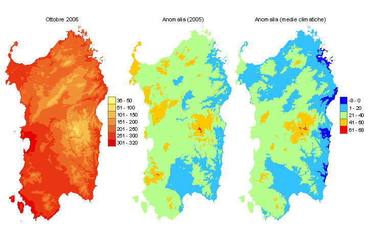 Figura 4 - Mappe di sommatorie termiche in base 10 °C calcolate per il mese di ottobre 2006 e raffronto con l'anno precedente e con i valori medi trentennali. Figura 4 - Mappe di sommatorie termiche in base 10 °C calcolate per il mese di ottobre 2006 e raffronto con l'anno precedente e con i valori medi trentennali.
