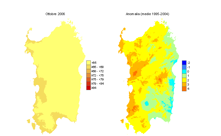 Figura 5 - Mappe di Temperature Humidity Index per il mese di ottobre 2006 e raffronto con i valori medi del decennio 1995-2004. Figura 5 - Mappe di Temperature Humidity Index per il mese di ottobre 2006 e raffronto con i valori medi del decennio 1995-2004.