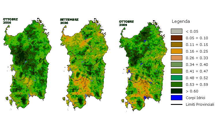 Figura 6 - Mappe di NDVI elaborate per il mese di ottobre 2006 e raffronto rispetto ai valori del mese precedente e del mese di ottobre 2005. Figura 6 - Mappe di NDVI elaborate per il mese di ottobre 2006 e raffronto rispetto ai valori del mese precedente e del mese di ottobre 2005.