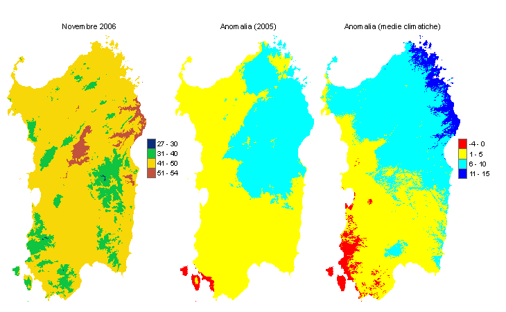 Figura 1 - Mappe di evapotraspirazione potenziale (o di riferimento) di novembre 2006 e di anomalia rispetto all'anno precedente e ai valori medi trentennali. Figura 1 - Mappe di evapotraspirazione potenziale (o di riferimento) di novembre 2006 e di anomalia rispetto all'anno precedente e ai valori medi trentennali.