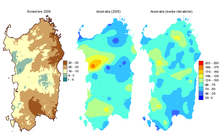 Figura 2 - Mappe di bilancio idro-meteorologico di novembre 2006 e di anomalia rispetto all'anno precedente e ai valori medi trentennali. Figura 2 - Mappe di bilancio idro-meteorologico di novembre 2006 e di anomalia rispetto all'anno precedente e ai valori medi trentennali.