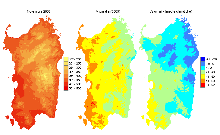 Figura 3 - Mappe di sommatorie termiche in base 0 °C calcolate per il mese di novembre 2006 e raffronto con l'anno precedente e con i valori medi trentennali. Figura 3 - Mappe di sommatorie termiche in base 0 °C calcolate per il mese di novembre 2006 e raffronto con l'anno precedente e con i valori medi trentennali.