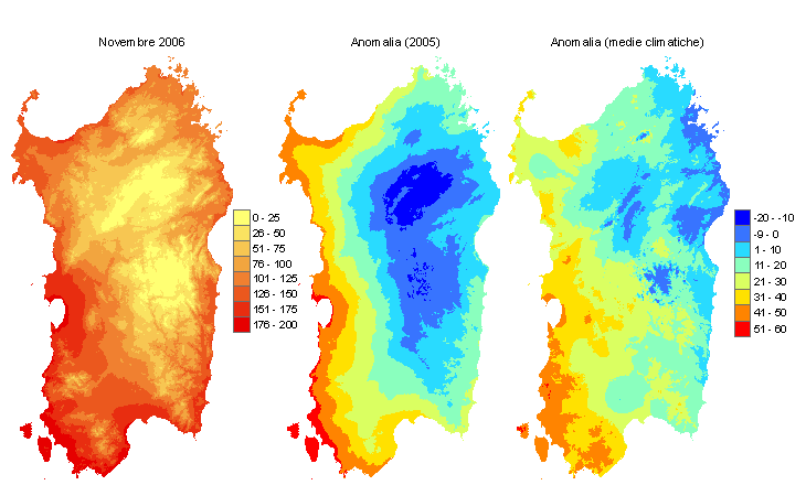 Figura 4 - Mappe di sommatorie termiche in base 10 °C calcolate per il mese di ottobre 2006 e raffronto con l'anno precedente e con i valori medi trentennali. Figura 4 - Mappe di sommatorie termiche in base 10 °C calcolate per il mese di ottobre 2006 e raffronto con l'anno precedente e con i valori medi trentennali.