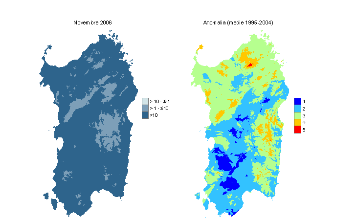 Figura 5 - Mappe di Wind Chill Index per il mese di novembre 2006 e raffronto con i valori medi del decennio 1995-2004. Figura 5 - Mappe di Wind Chill Index per il mese di novembre 2006 e raffronto con i valori medi del decennio 1995-2004.