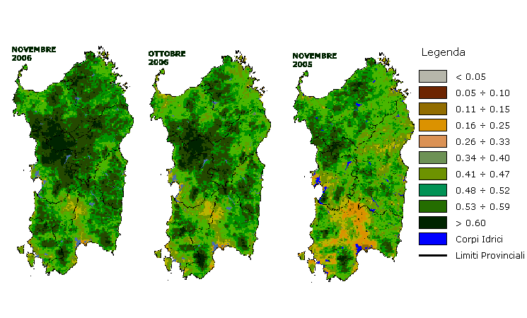 Figura 6 - Mappe di NDVI elaborate per il mese di novembre 2006 e raffronto rispetto ai valori del mese precedente e del mese di novembre 2005. Figura 6 - Mappe di NDVI elaborate per il mese di novembre 2006 e raffronto rispetto ai valori del mese precedente e del mese di novembre 2005.