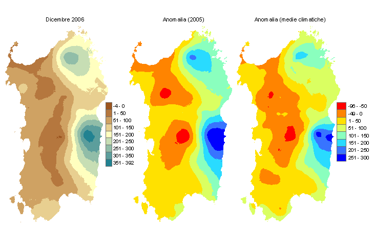 Figura 2 - Mappe di bilancio idro-meteorologico di dicembre 2006 e di anomalia rispetto all'anno precedente e ai valori medi trentennali. Figura 2 - Mappe di bilancio idro-meteorologico di dicembre 2006 e di anomalia rispetto all'anno precedente e ai valori medi trentennali.