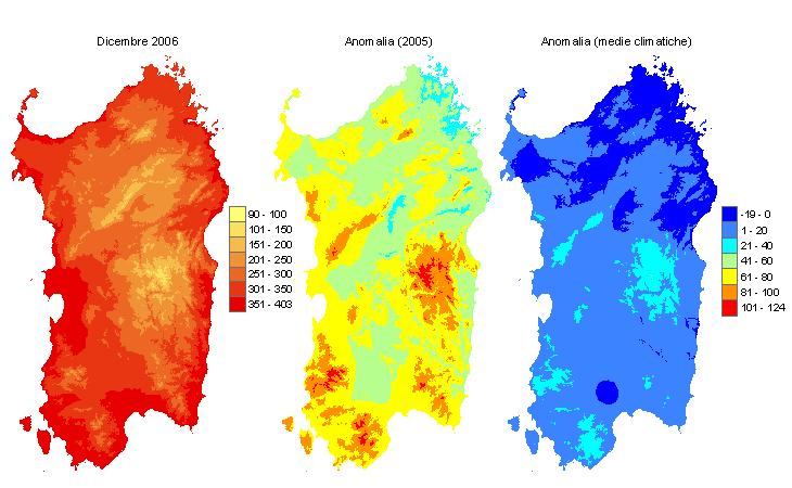 Figura 3 - Mappe di sommatorie termiche in base 0 °C calcolate per il mese di dicembre 2006 e raffronto con l'anno precedente e con i valori medi trentennali. Figura 3 - Mappe di sommatorie termiche in base 0 °C calcolate per il mese di dicembre 2006 e raffronto con l'anno precedente e con i valori medi trentennali.