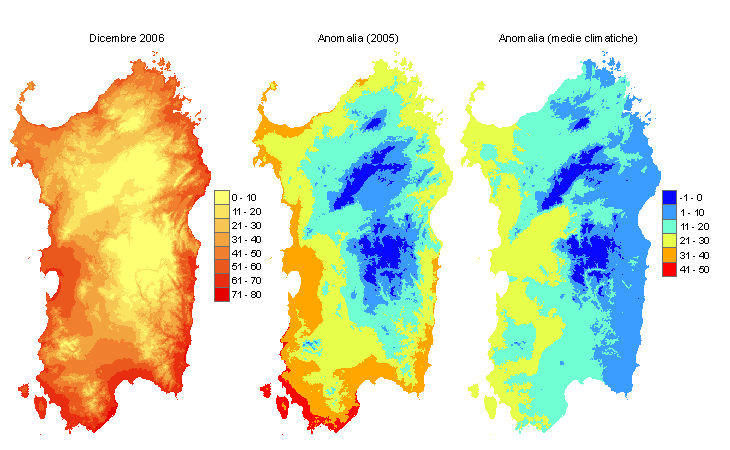 Figura 4 - Mappe di sommatorie termiche in base 10 °C calcolate per il mese di dicembre 2006 e raffronto con l'anno precedente e con i valori medi trentennali Figura 4 - Mappe di sommatorie termiche in base 10 °C calcolate per il mese di dicembre 2006 e raffronto con l'anno precedente e con i valori medi trentennali