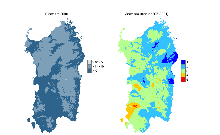 Figura 5 - Mappe di Wind Chill Index per il mese di dicembre 2006 e raffronto con i valori medi del decennio 1995-2004. Figura 5 - Mappe di Wind Chill Index per il mese di dicembre 2006 e raffronto con i valori medi del decennio 1995-2004.