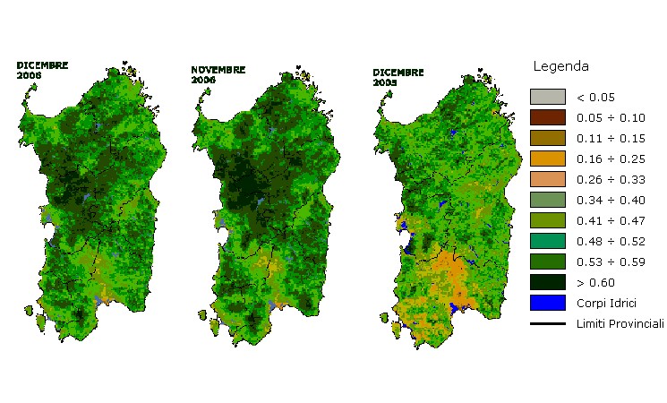 Figura 6 - Mappe di NDVI elaborate per il mese di dicembre 2006 e raffronto rispetto ai valori del mese precedente e del mese di dicembre 2005. Figura 6 - Mappe di NDVI elaborate per il mese di dicembre 2006 e raffronto rispetto ai valori del mese precedente e del mese di dicembre 2005.
