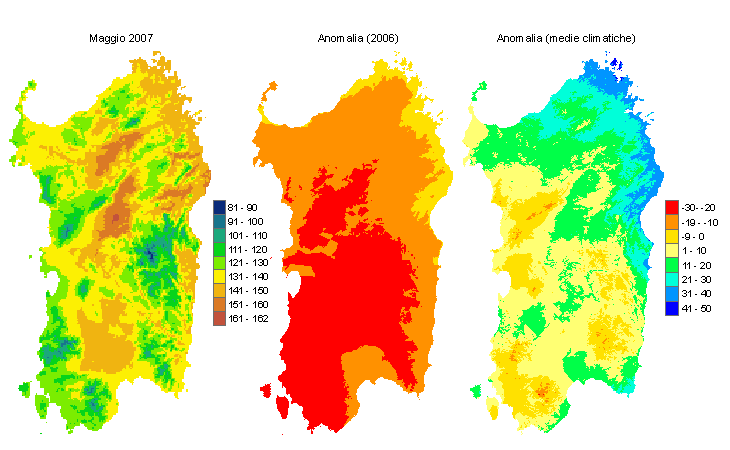 Figura 1 - Mappe di evapotraspirazione potenziale (o di riferimento) di maggio 2007 e di anomalia rispetto all'anno precedente e ai valori medi trentennali. Figura 1 - Mappe di evapotraspirazione potenziale (o di riferimento) di maggio 2007 e di anomalia rispetto all'anno precedente e ai valori medi trentennali.