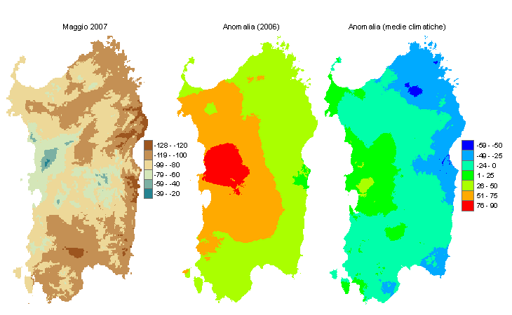 Figura 2 - Mappe di bilancio idro-meteorologico di maggio 2007 e di anomalia rispetto all'anno precedente e ai valori medi trentennali. Figura 2 - Mappe di bilancio idro-meteorologico di maggio 2007 e di anomalia rispetto all'anno precedente e ai valori medi trentennali.