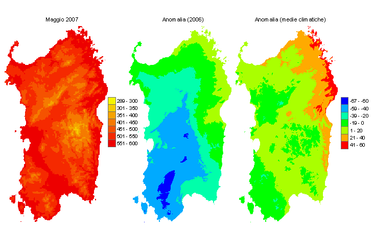 Figura 3 - Mappe di sommatorie termiche in base 0 °C calcolate per il mese di maggio 2007 e raffronto con l'anno precedente e con i valori medi trentennali. Figura 3 - Mappe di sommatorie termiche in base 0 °C calcolate per il mese di maggio 2007 e raffronto con l'anno precedente e con i valori medi trentennali.