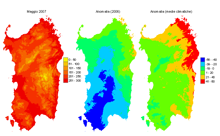 Figura 4 - Mappe di sommatorie termiche in base 10 °C calcolate per il mese di maggio 2007 e raffronto con l'anno precedente e con i valori medi trentennali. Figura 4 - Mappe di sommatorie termiche in base 10 °C calcolate per il mese di maggio 2007 e raffronto con l'anno precedente e con i valori medi trentennali.