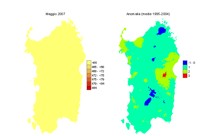 Figura 5 - Mappe di THI per il mese di maggio 2007 e raffronto con i valori medi del decennio 1995-2004. Figura 5 - Mappe di THI per il mese di maggio 2007 e raffronto con i valori medi del decennio 1995-2004.