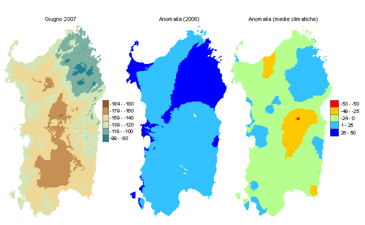 Figura 2 - Mappe di bilancio idro-meteorologico di giugno 2007 e di anomalia rispetto all'anno precedente e ai valori medi trentennali. Figura 2 - Mappe di bilancio idro-meteorologico di giugno 2007 e di anomalia rispetto all'anno precedente e ai valori medi trentennali.