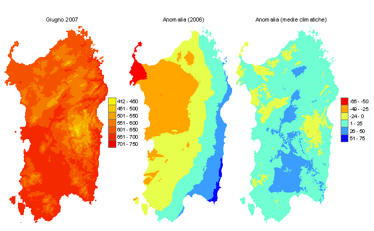Figura 3 - Mappe di sommatorie termiche in base 0 °C calcolate per il mese di giugno 2007 e raffronto con l'anno precedente e con i valori medi trentennali. Figura 3 - Mappe di sommatorie termiche in base 0 °C calcolate per il mese di giugno 2007 e raffronto con l'anno precedente e con i valori medi trentennali.