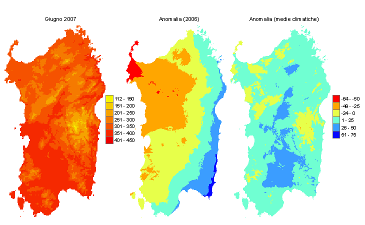 Figura 4 - Mappe di sommatorie termiche in base 10 °C calcolate per il mese di giugno 2007 e raffronto con l'anno precedente e con i valori medi trentennali. Figura 4 - Mappe di sommatorie termiche in base 10 °C calcolate per il mese di giugno 2007 e raffronto con l'anno precedente e con i valori medi trentennali.