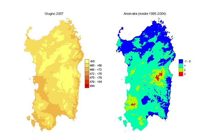 Figura 5 - Mappe di THI per il mese di giugno 2007 e raffronto con i valori medi del decennio 1995-2004. Figura 5 - Mappe di THI per il mese di giugno 2007 e raffronto con i valori medi del decennio 1995-2004.